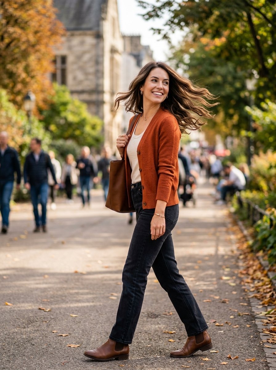 A smiling brunette woman with flowing hair walks through a park in a rust-colored cardigan, jeans, and brown boots.