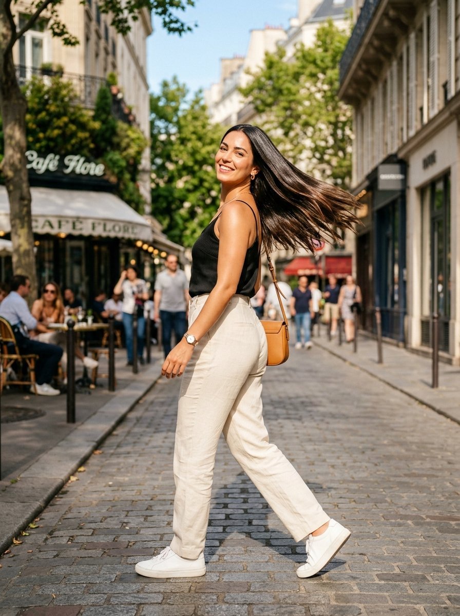 Young brunette woman with flowing hair wearing a black tank top and beige linen trousers on a cobblestone street.