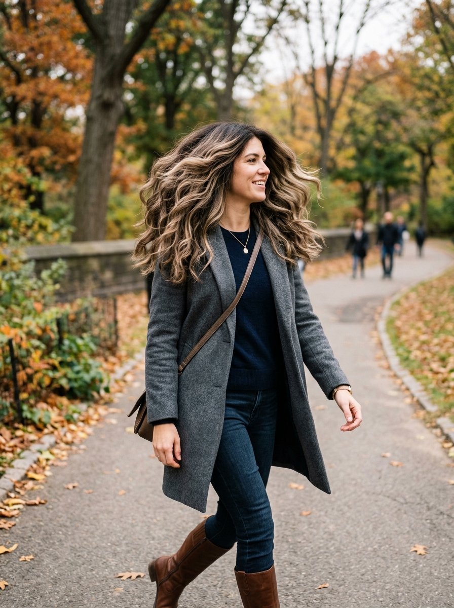 Smiling woman wearing a charcoal coat and brown boots strolling through a park with fall foliage.