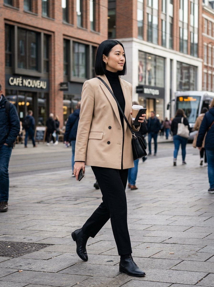 A stylish woman with a short bob haircut wearing a tan blazer and black outfit walks along a busy pedestrian street.