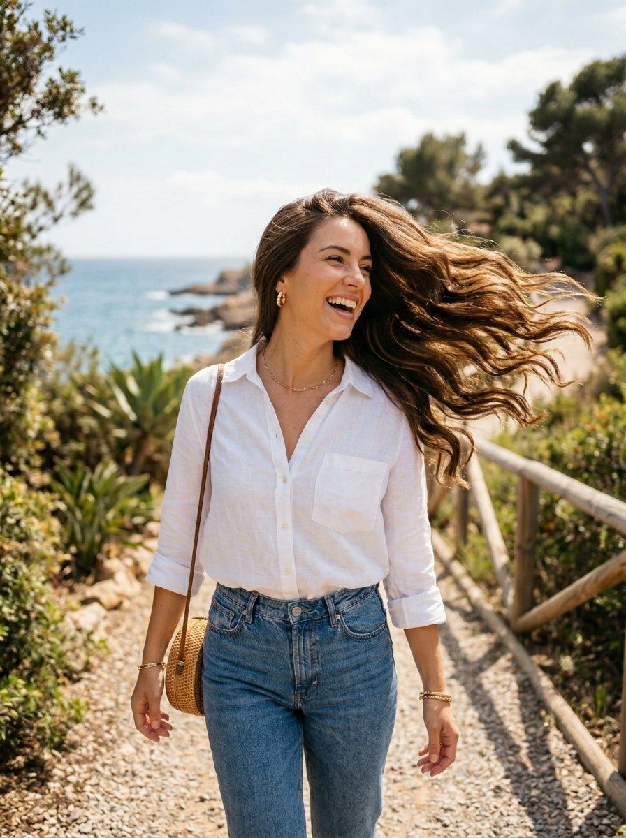 A smiling woman with long brown hair walking on a gravel path by the ocean wearing a white linen shirt and jeans.