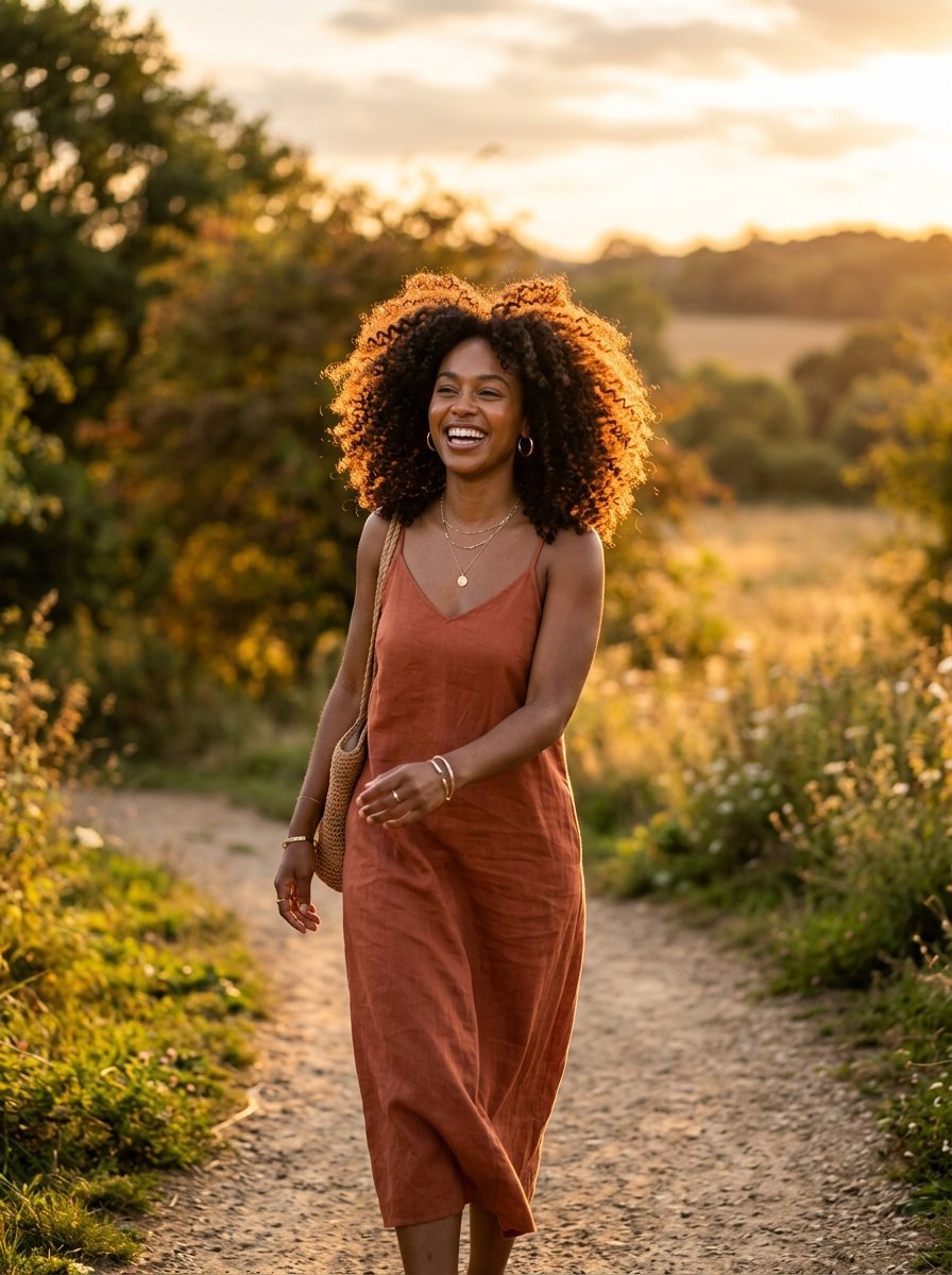 Smiling woman with curly hair wearing a rust-colored linen dress on a scenic outdoor trail.