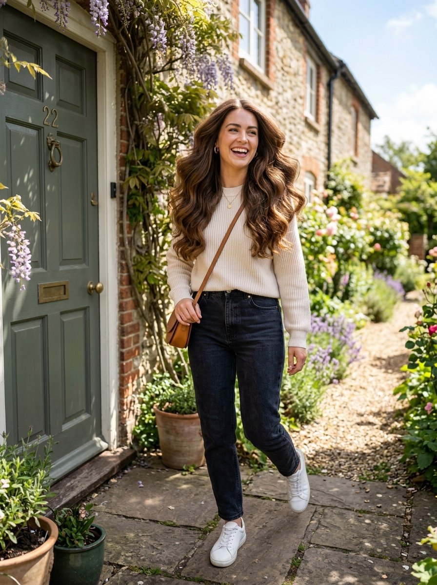 A woman with long wavy hair wears a cream sweater and black jeans while walking past a green front door.