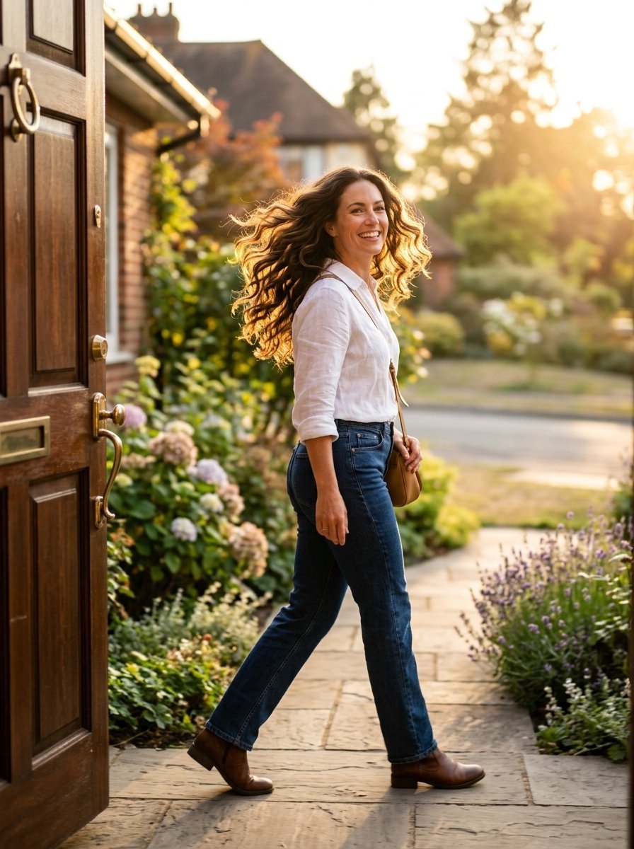 A brunette woman in a white shirt and jeans walks toward a front door at sunset with backlight in her hair.