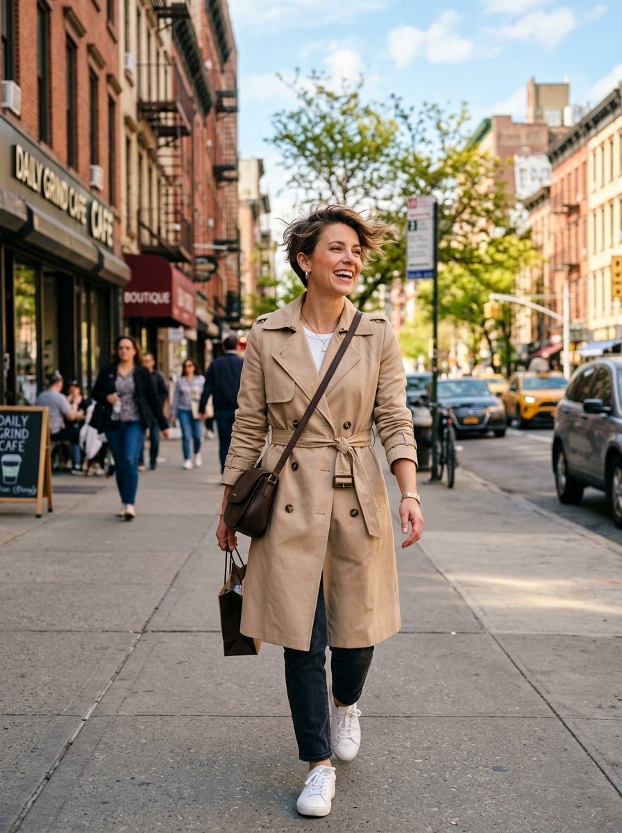 Smiling woman with short hair wearing a beige trench coat and white sneakers walking on a sidewalk in New York City.