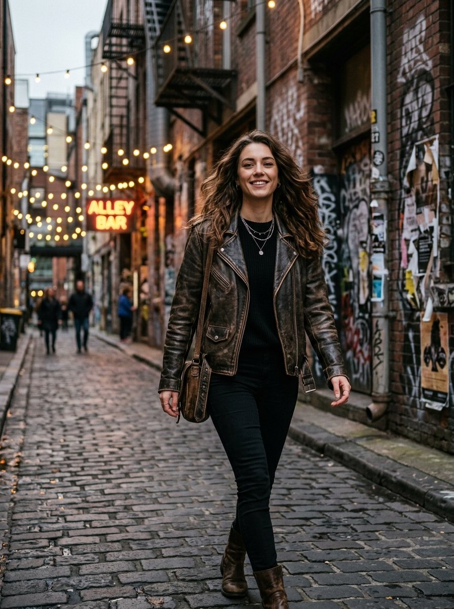 A woman with wavy hair wearing a distressed leather jacket and black jeans walks along a cobbled brick urban path.