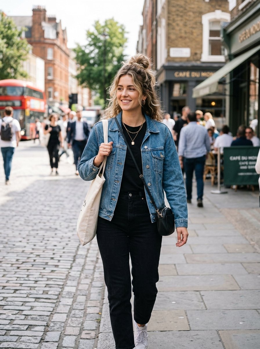 A blonde woman in a denim jacket walks on a city street past a cafe with people in the background.