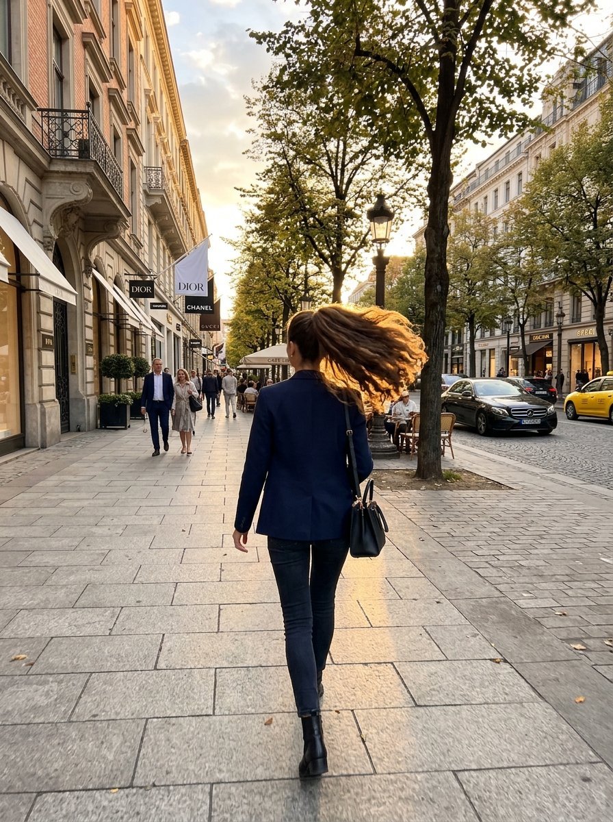 Back view of a woman with long hair walking down a European street lined with luxury designer fashion stores.