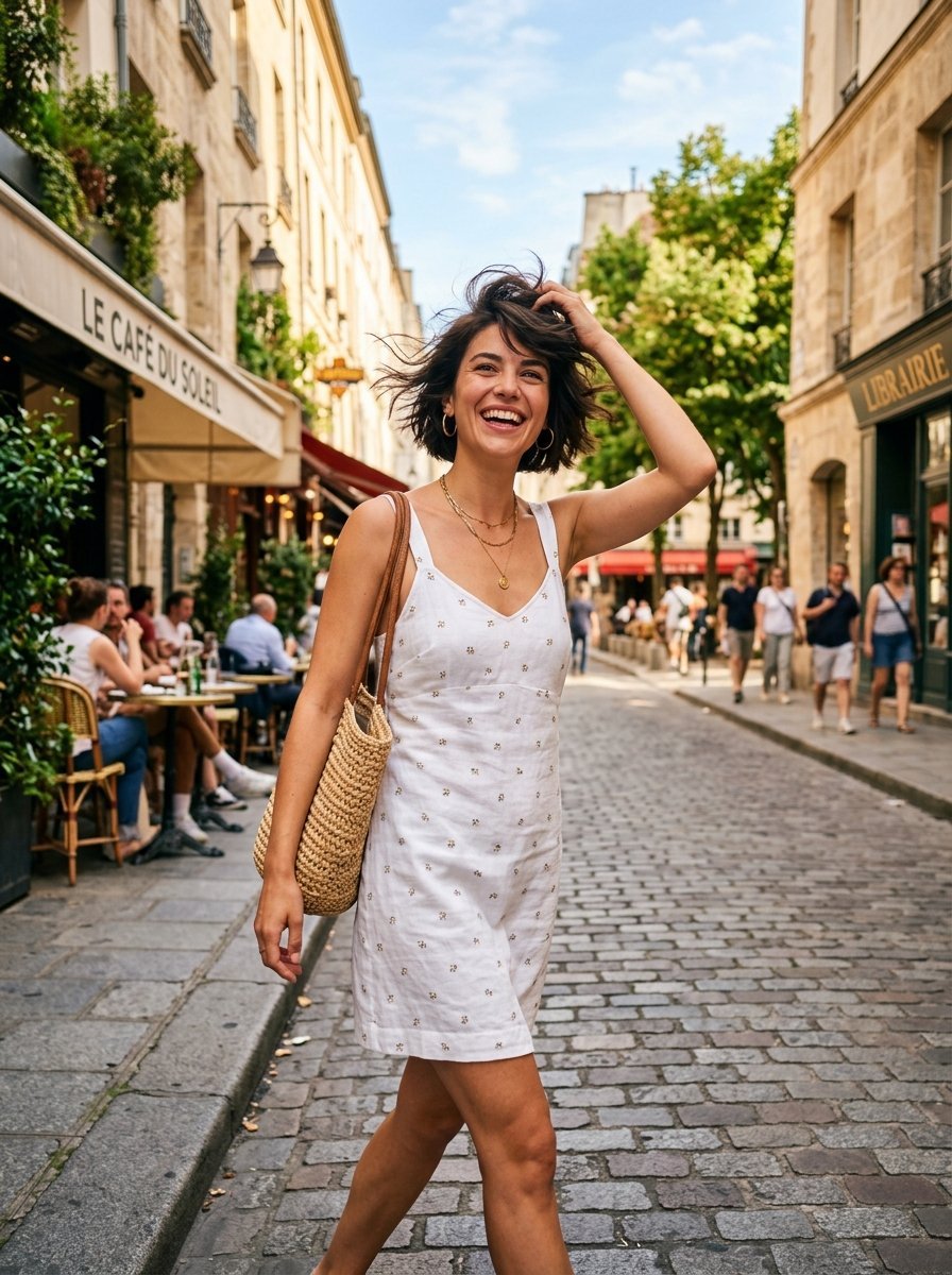 Smiling woman with short hair wearing a white dress walking down a sunny cobblestone street by a cafe.