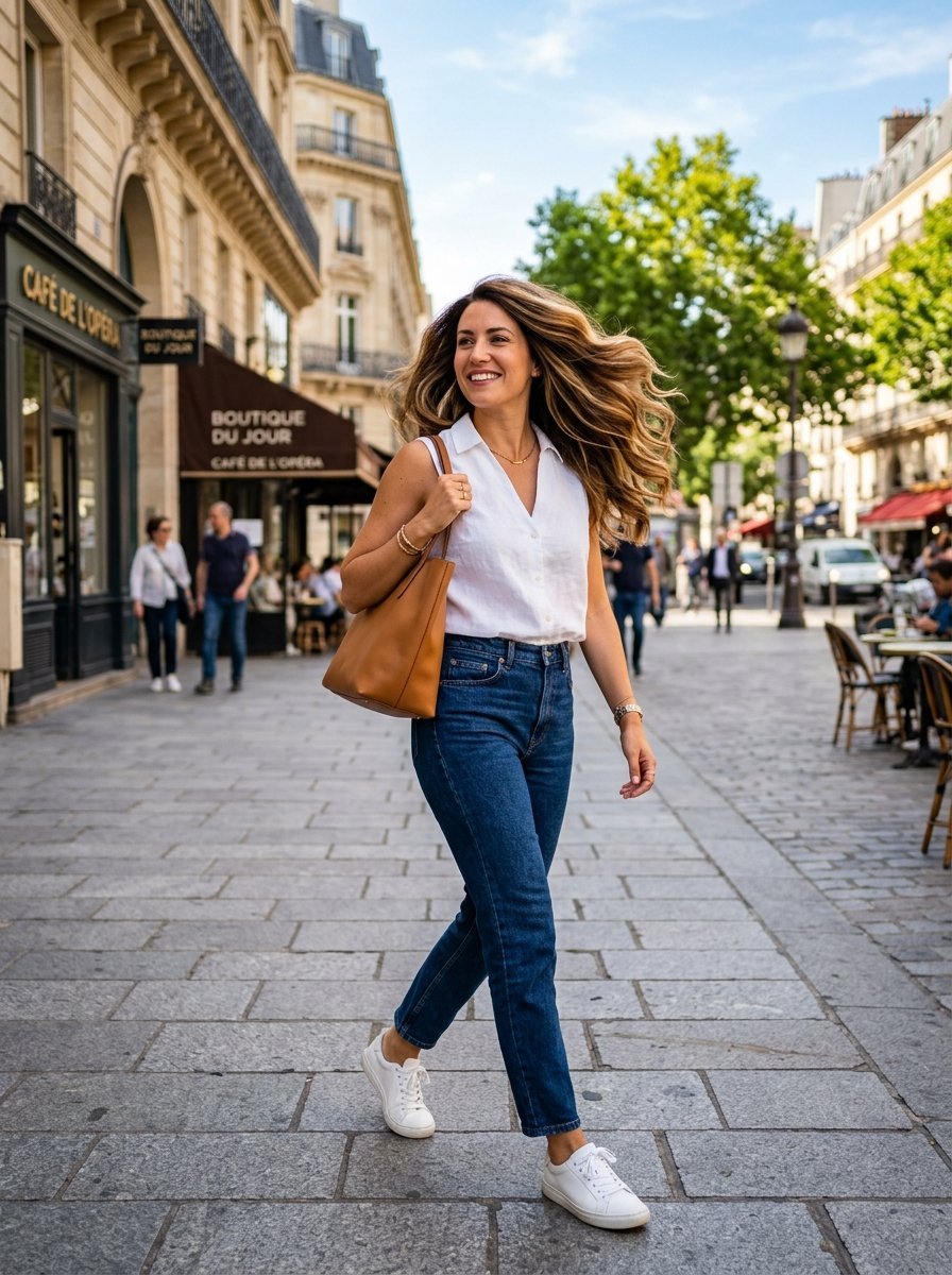 A blonde woman in a white shirt and jeans carries a leather tote bag while walking on a cobblestone street in Paris.