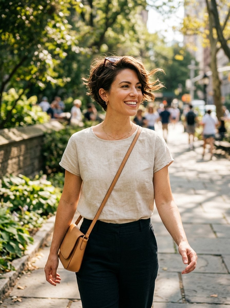 A happy woman with a layered bob haircut wears a beige t-shirt and crossbody bag while walking outdoors.