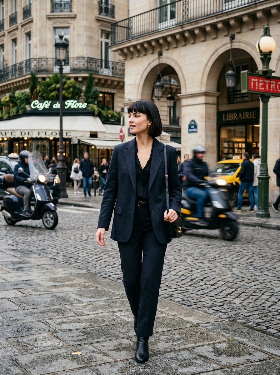 A woman with a bob haircut wearing a black suit walks on a cobblestone street near Cafe de Flore in Paris.
