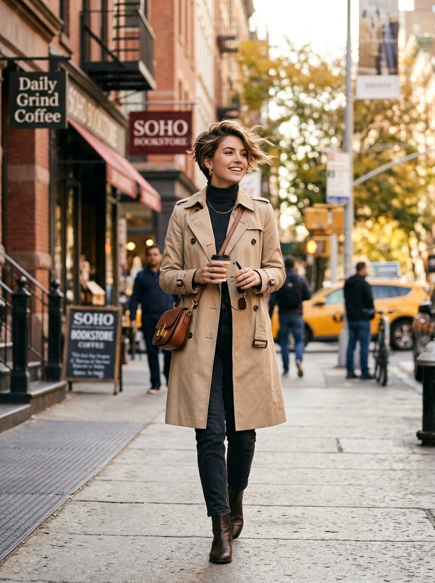 A woman with short hair wearing a beige trench coat walks past a Soho bookstore with a coffee cup.