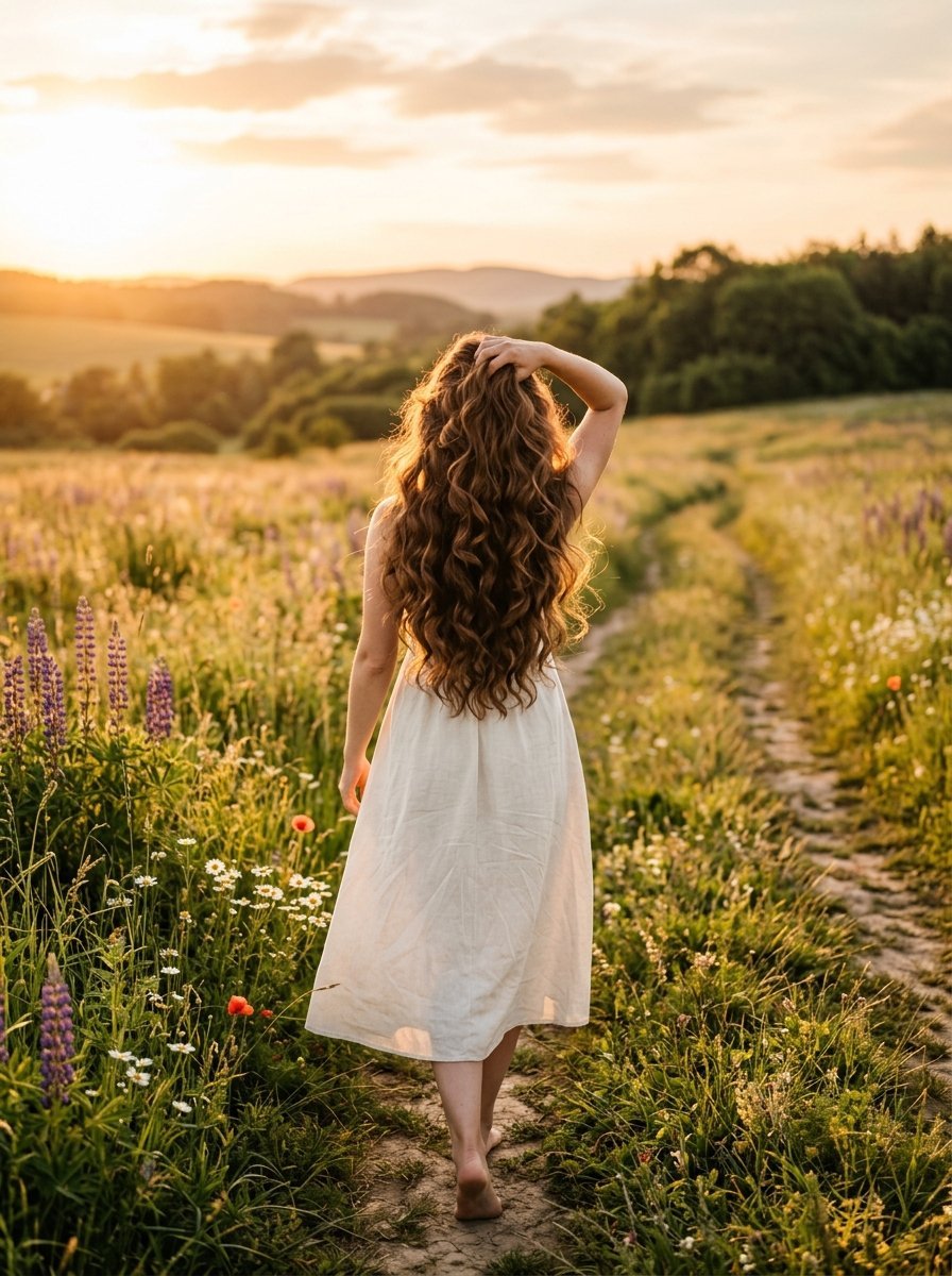 Back view of a woman in a white dress walking barefoot on a path through a sunlit field of flowers at sunset.