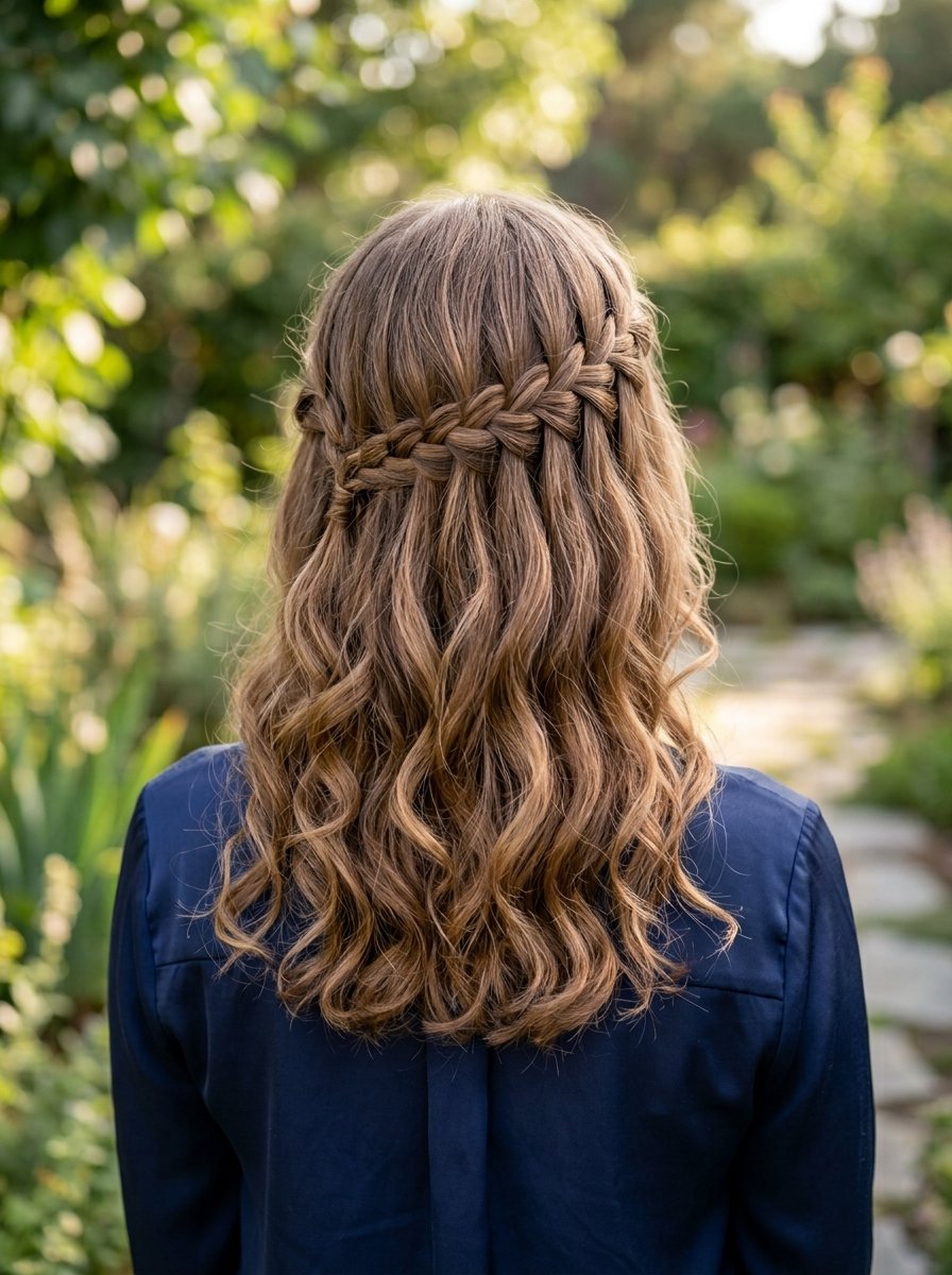 Rear view of a woman with brunette hair in a soft waterfall braid with loose curls against a garden background.