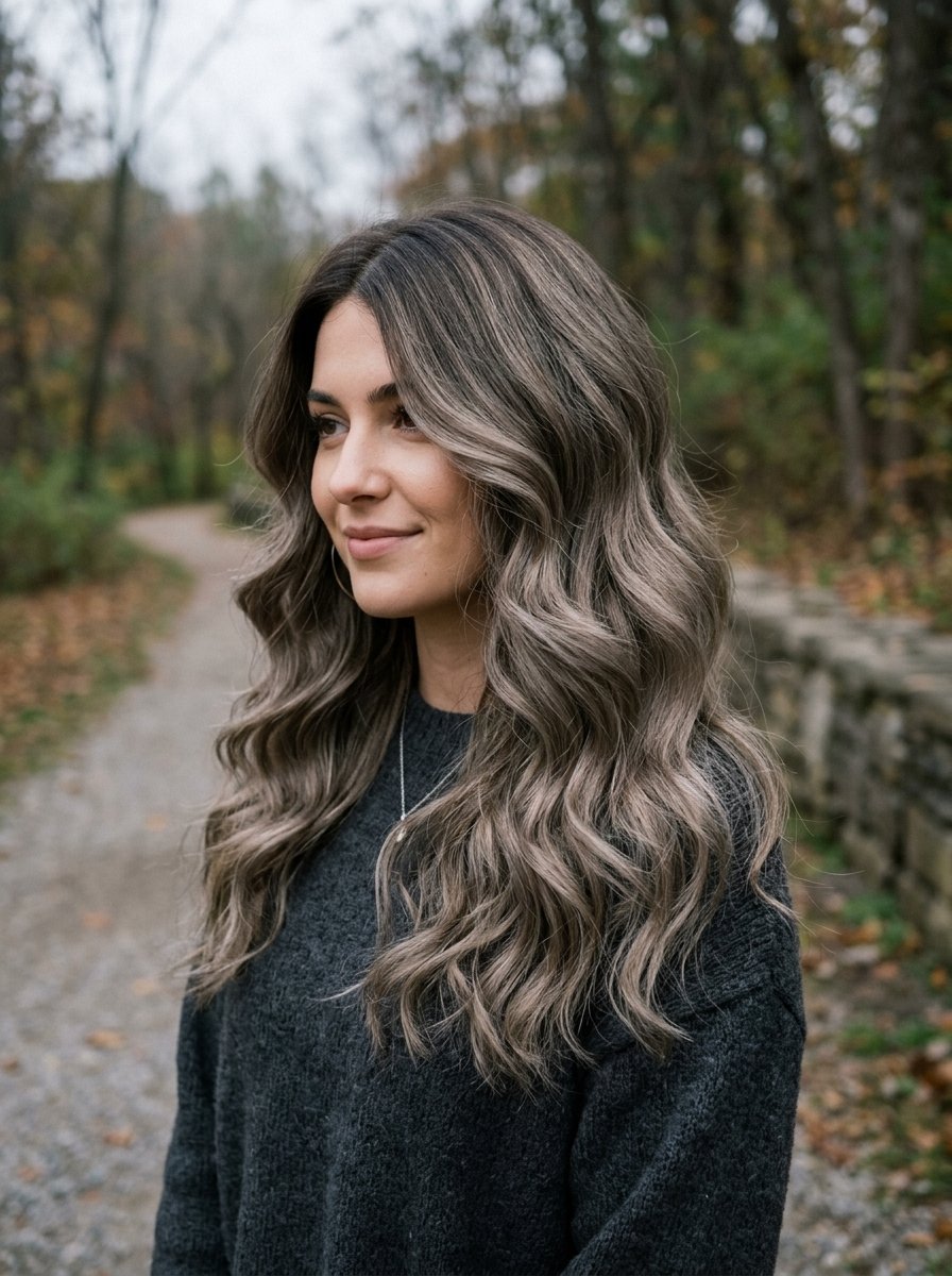 Portrait of a woman with long wavy ash-toned hair wearing a dark gray sweater in a park.