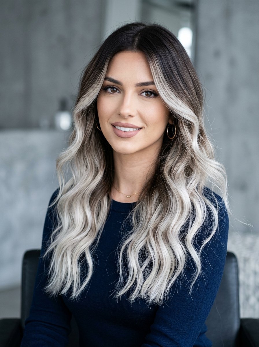 Portrait of a woman wearing a navy sweater with highlighted wavy hair against a concrete background.