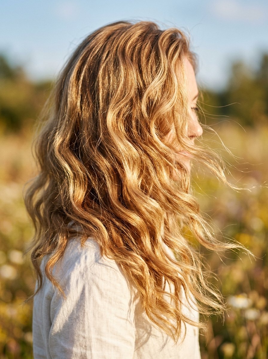 Profile view of a person with long golden wavy hair blowing in the wind against a blurred natural background.