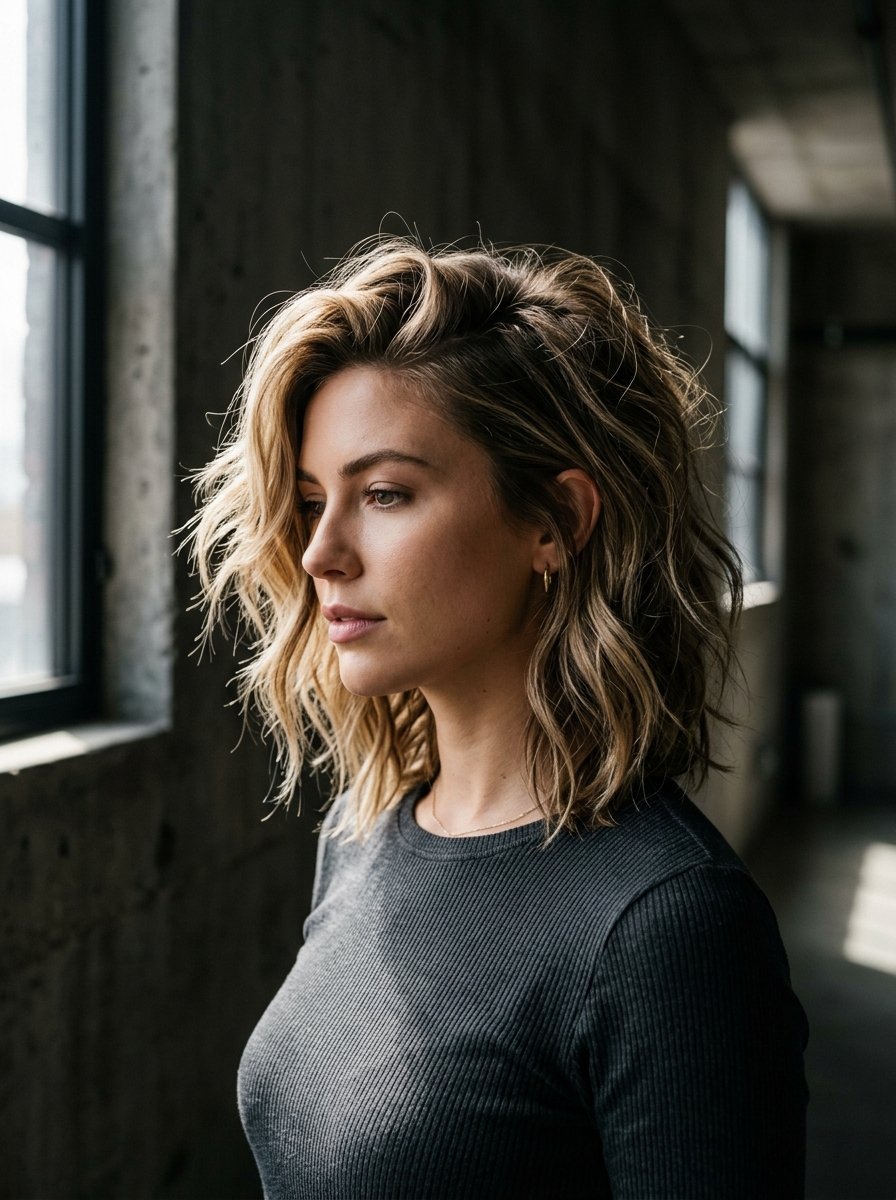 Profile view of a woman with shoulder-length highlighted hair, wearing a dark grey ribbed top near a concrete window wall.