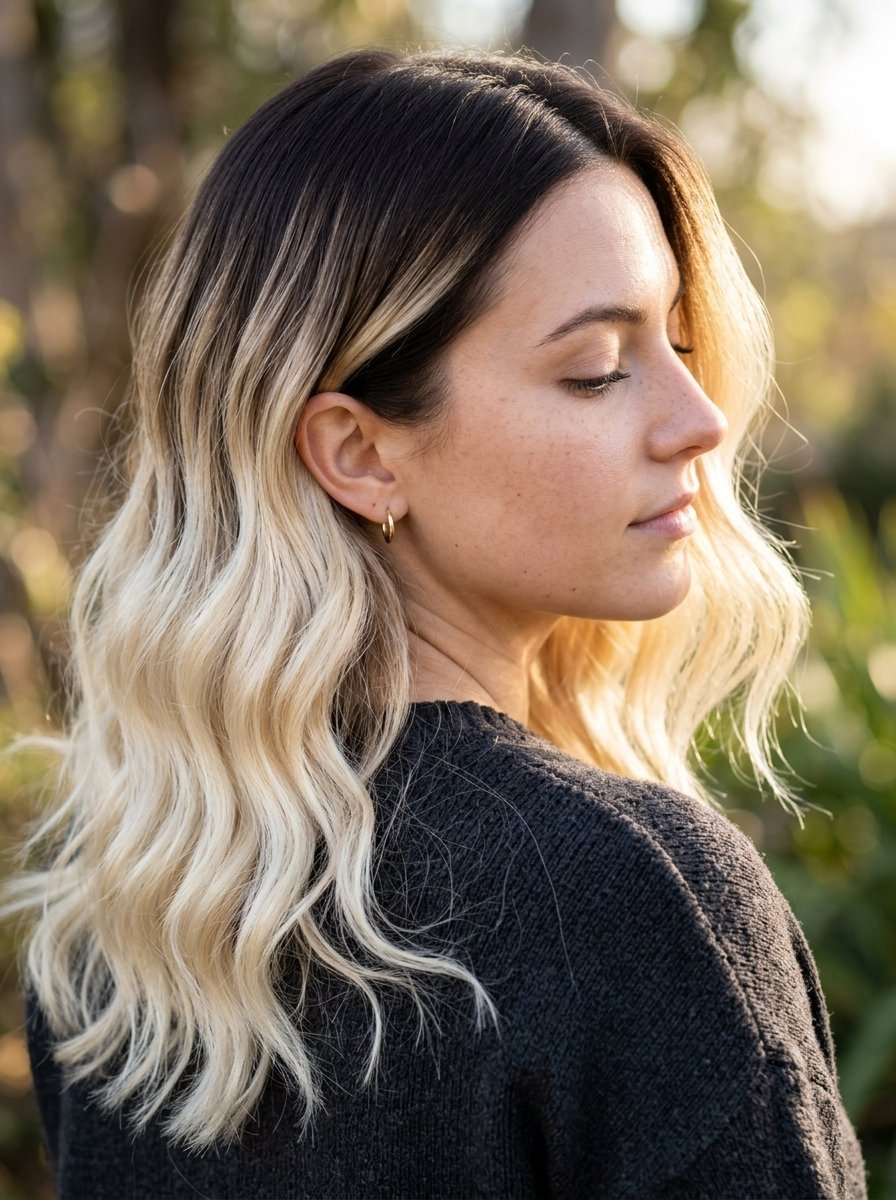 Side profile of a woman wearing a dark sweater with sun-kissed light blonde hair highlights in a park setting.