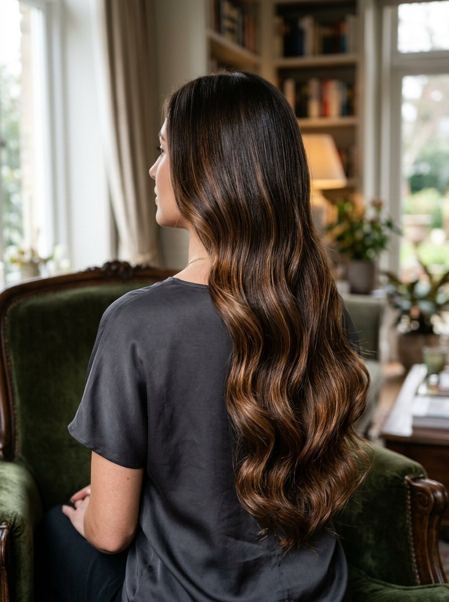 Back view of a woman with long dark wavy hair with caramel highlights sitting in a green velvet chair.