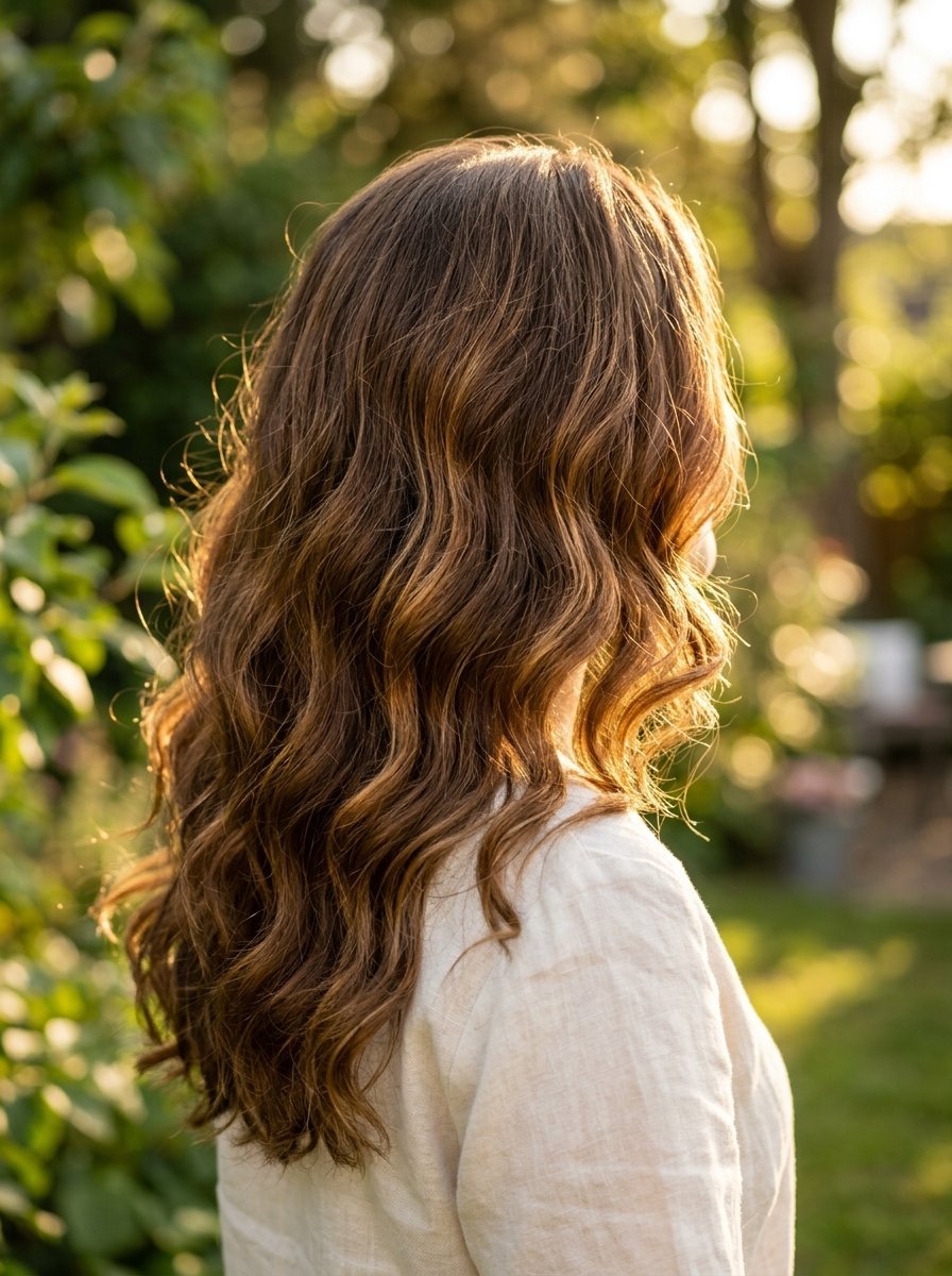 Back view of a woman with long wavy brown hair illuminated by soft golden hour sunlight.