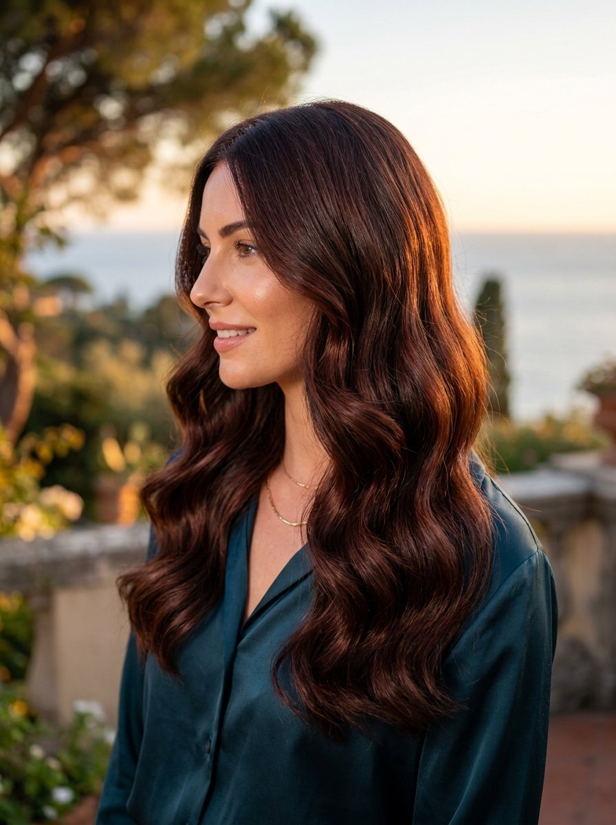 Profile view of a smiling woman with long brown wavy hair wearing a green silk shirt at golden hour.