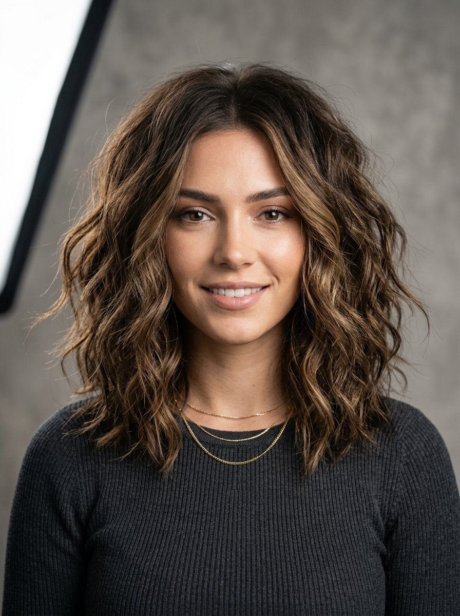 Portrait of a woman wearing a charcoal ribbed sweater and delicate gold layered necklaces.