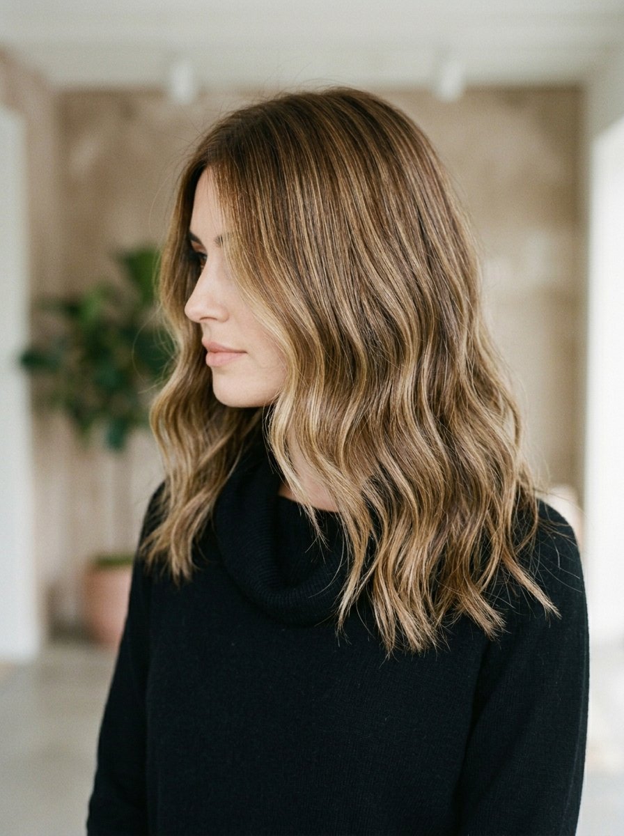 Side profile of a woman with long wavy highlighted brown hair in a black turtleneck.