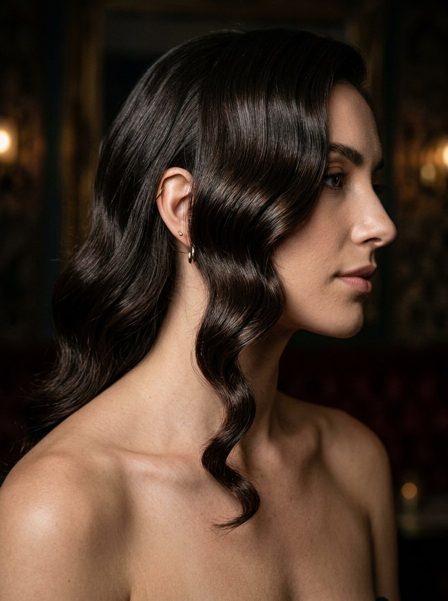 Close-up profile of a person with glossy brunette hair styled in soft waves and wearing simple gold earrings.