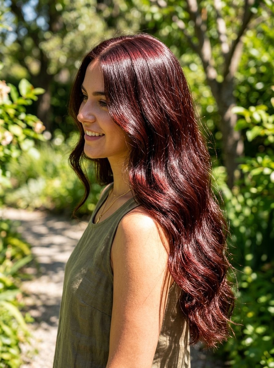 Profile view of a happy woman with glossy, long deep-red wavy hair wearing a green tank top in a sunlit garden.