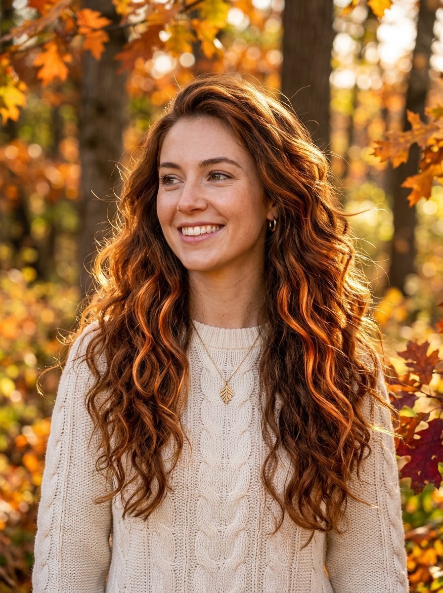 Portrait of a woman wearing a cream cable knit sweater standing before vibrant orange and gold fall foliage.