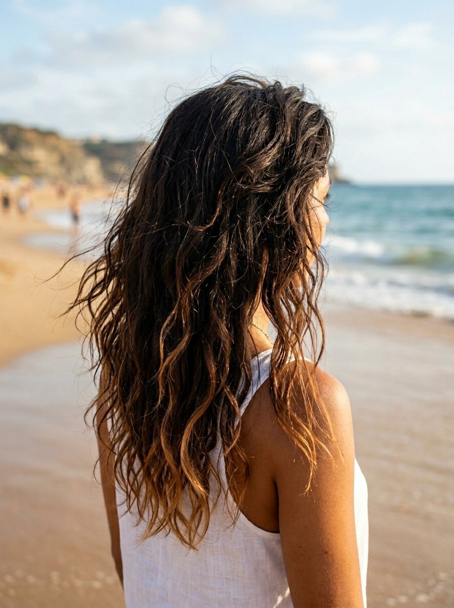 Back view of a woman with brunette wavy hair wearing a white top on a sandy beach by the sea.