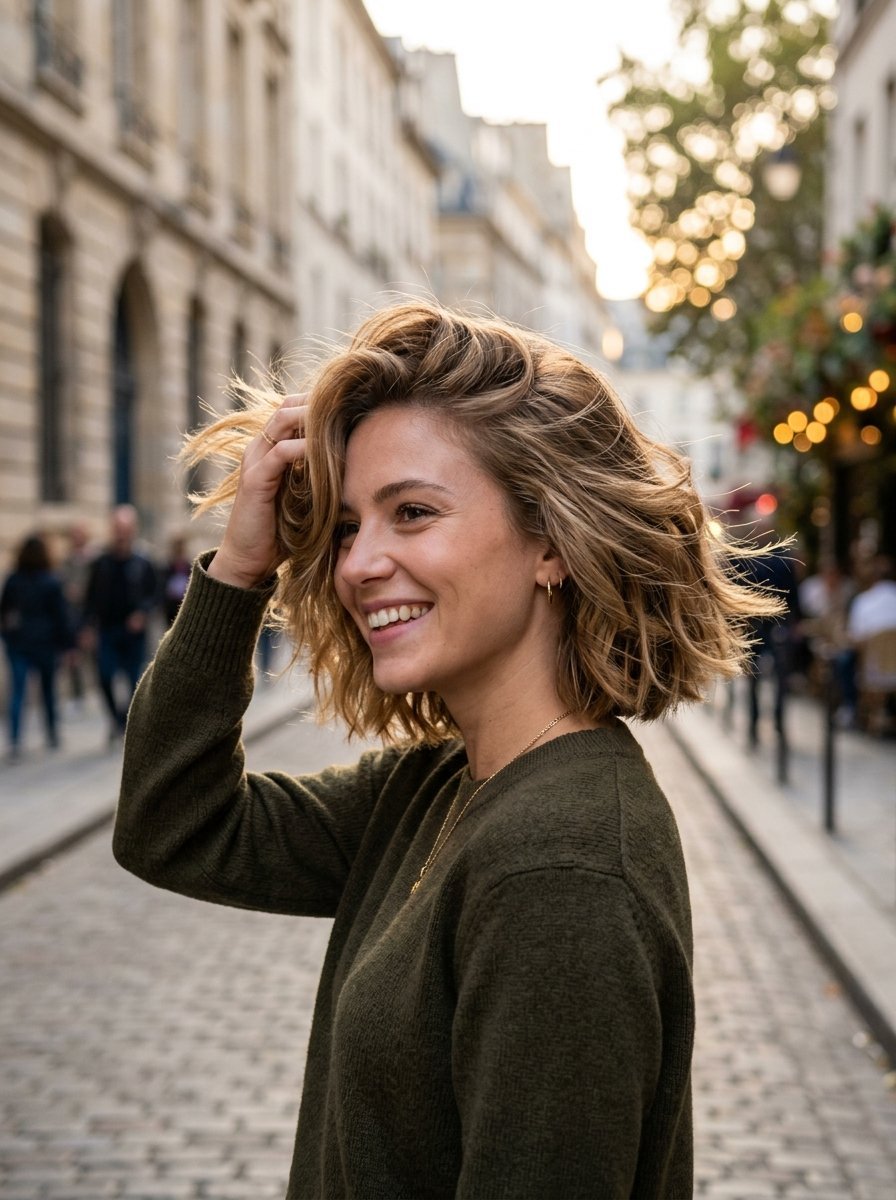 Profile view of a happy woman in a green sweater running her hand through her wavy blonde bob on a city sidewalk.