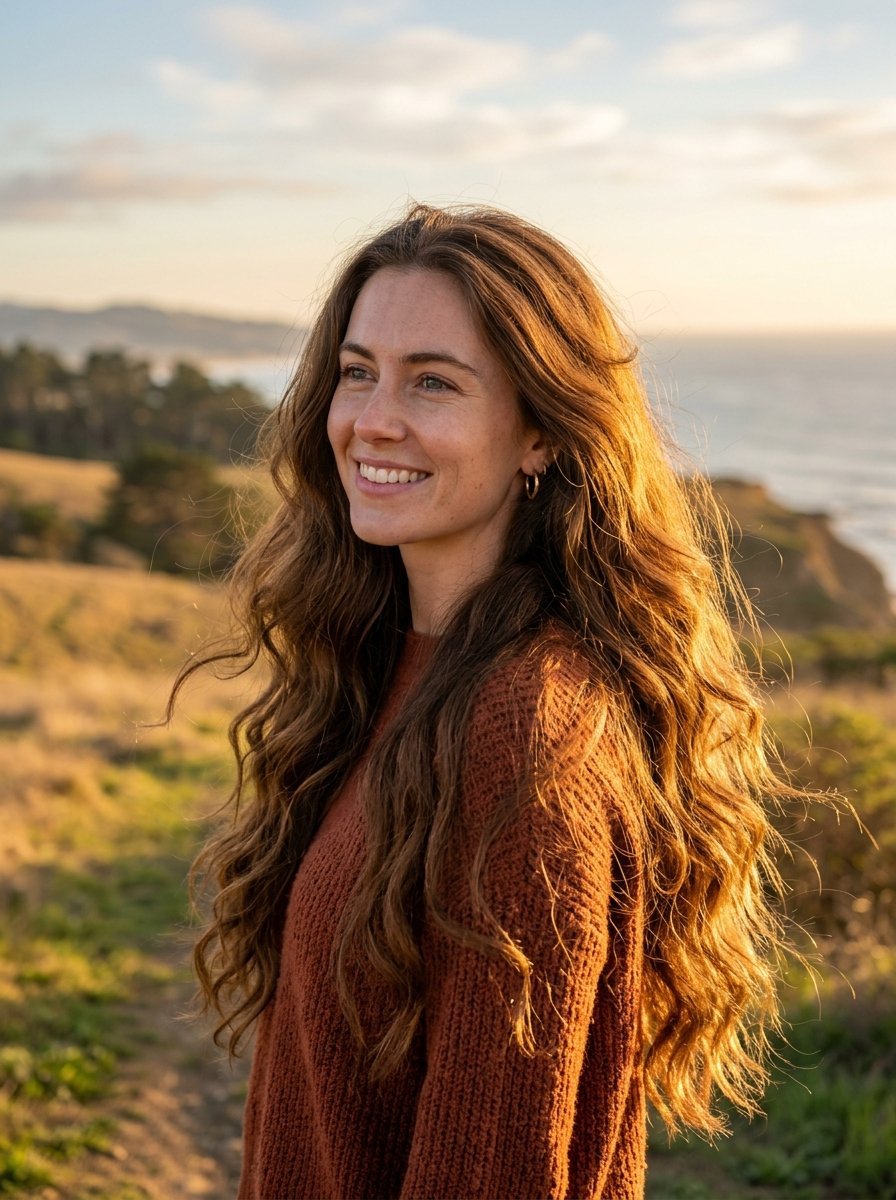 Portrait of a smiling woman with long brown wavy hair in a knit sweater outdoors at sunset.