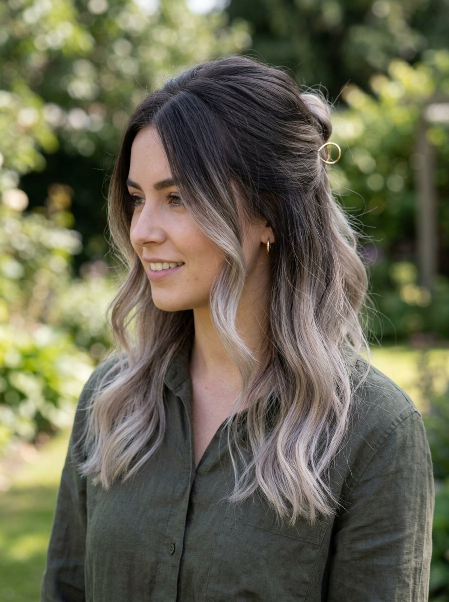 Side profile of a smiling woman wearing a gold hair claw clip in a loose half-up hairstyle.