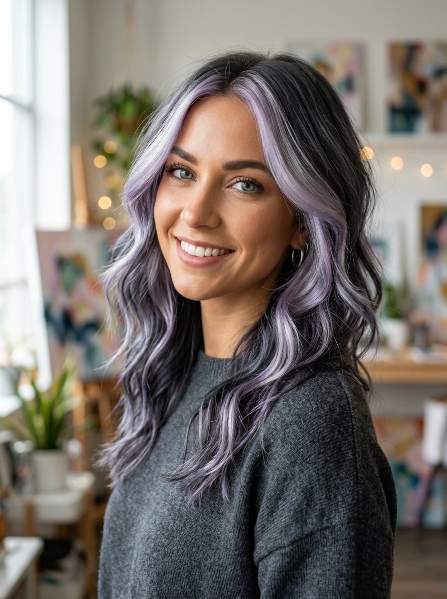 Portrait of a woman wearing a grey sweater featuring wavy black hair with face-framing light purple streaks.