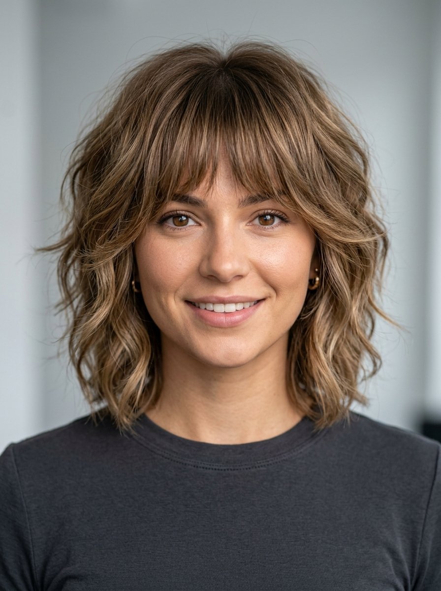 Portrait of a smiling woman with shoulder-length wavy brown hair featuring textured layers and full bangs.