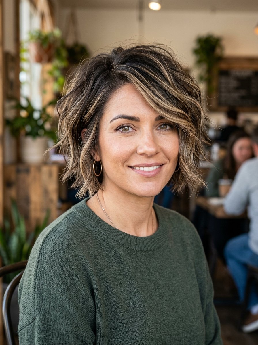 Close up portrait of a woman wearing a green sweater and sporting a wavy, shoulder-length bob haircut.