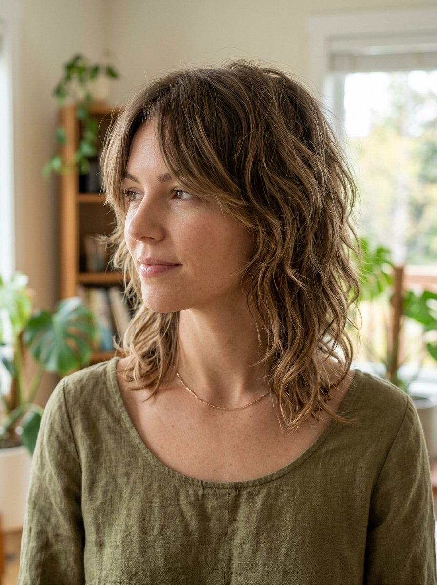 Close up of a woman with medium length wavy brown hair and curtain bangs wearing an olive green top.