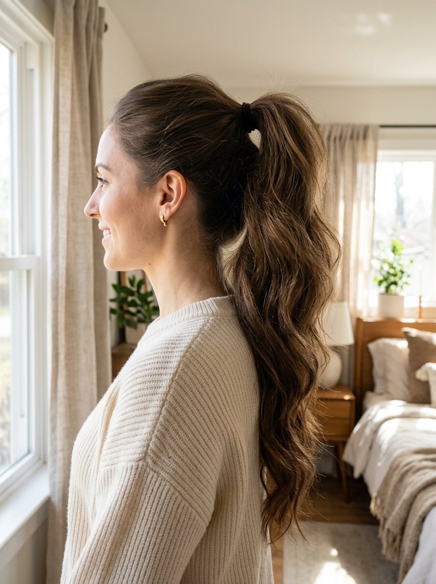 Profile view of a woman wearing a cream sweater and a textured wavy high ponytail hairstyle.