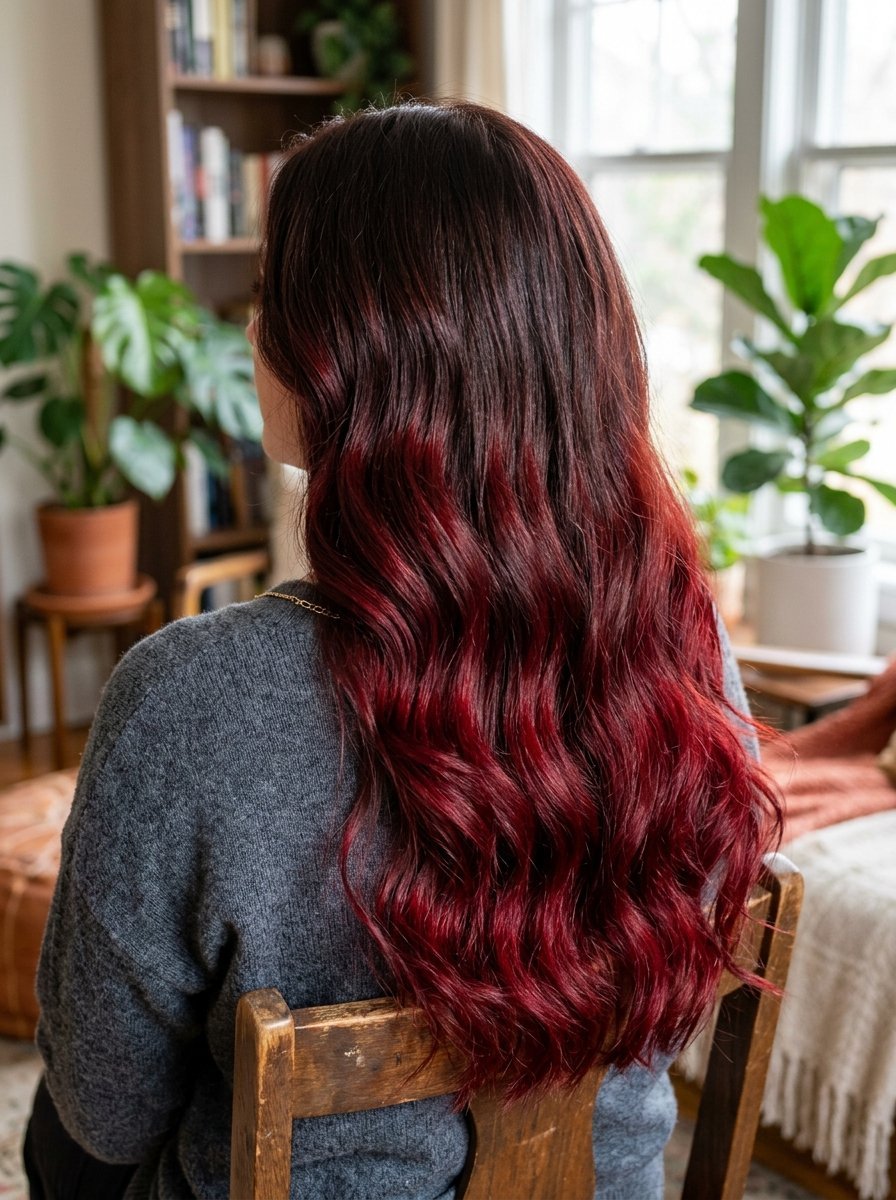 Back view of a woman with long, wavy brown hair transitioning into a bold red color in a bright room.