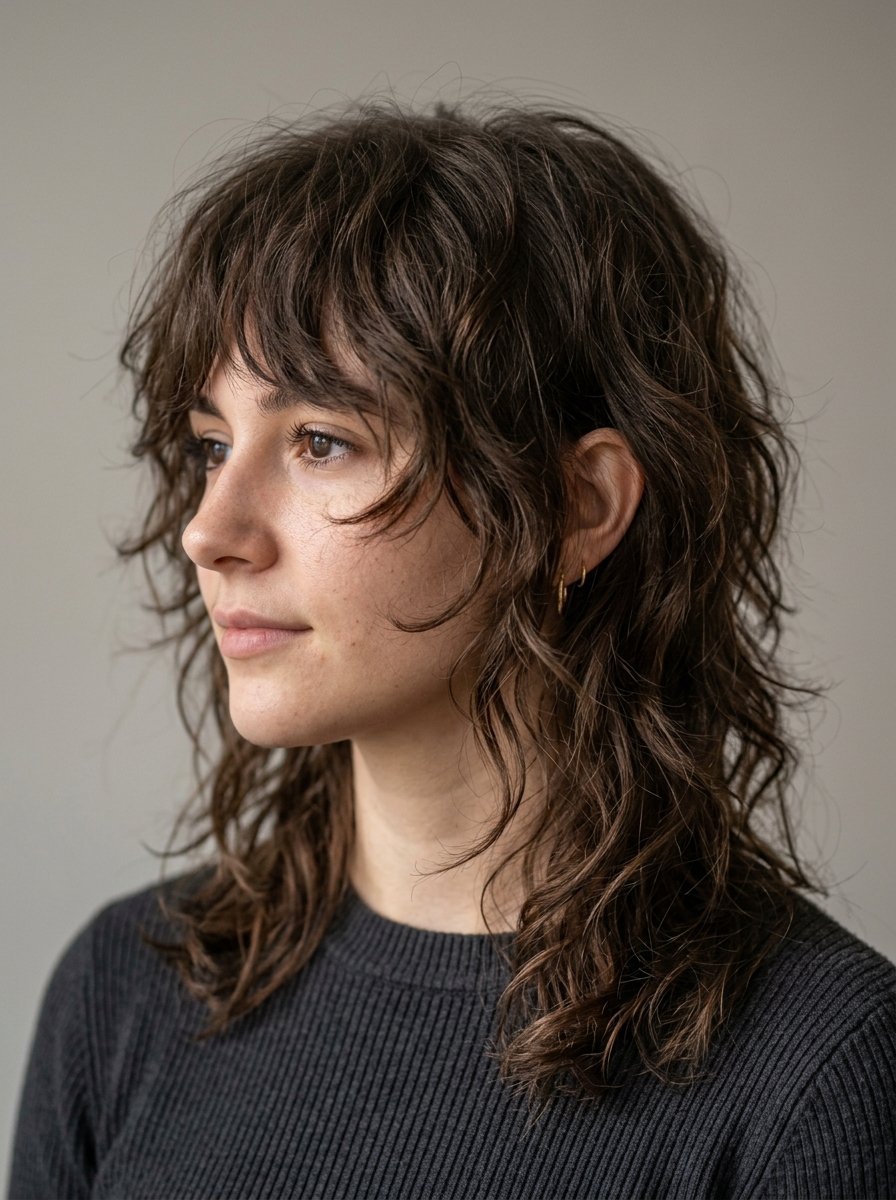 Portrait of a young woman with wavy brown hair in a layered shag cut wearing a grey ribbed sweater.