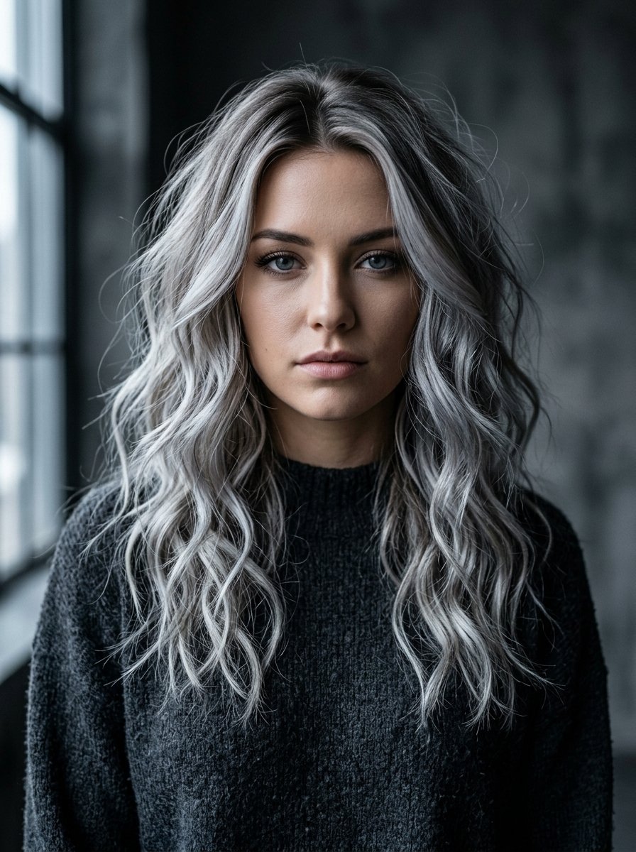 A close-up portrait of a woman with long, textured wavy silver hair wearing a dark grey sweater.