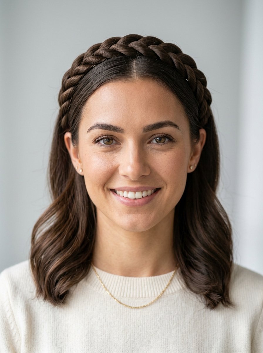 Portrait of a woman with shoulder-length brown hair styled with a thick, rope-like braided headband.