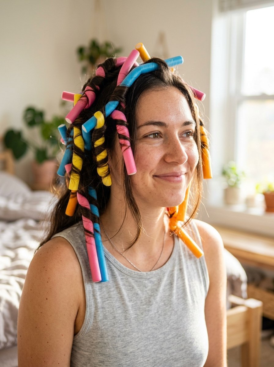 Close-up of a person with brown hair wrapped in various colorful flexible hair styling curlers.