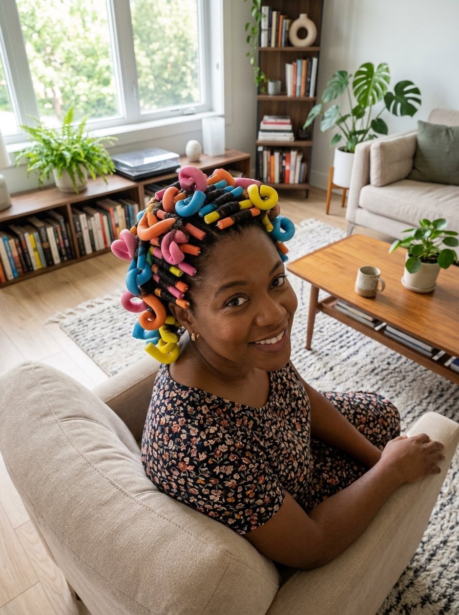 High angle shot of a Black woman in a floral dress wearing vibrant pink, yellow, and blue flexible hair curling rods.