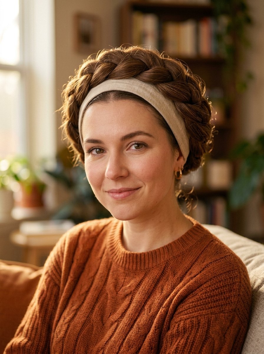 Portrait of a woman in a cable knit sweater with hair styled in a braided headband.