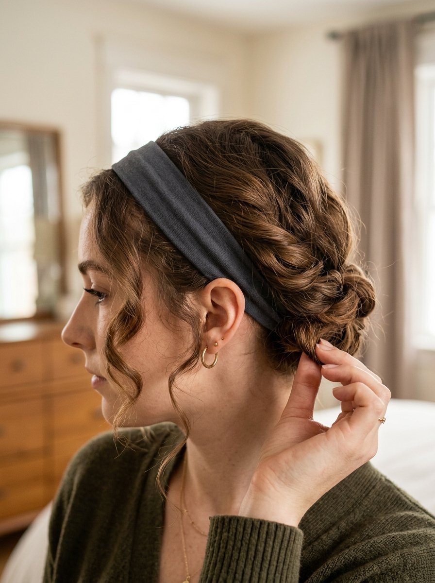 Profile view of a person with a grey fabric headband securing their wavy hair in a braided style.