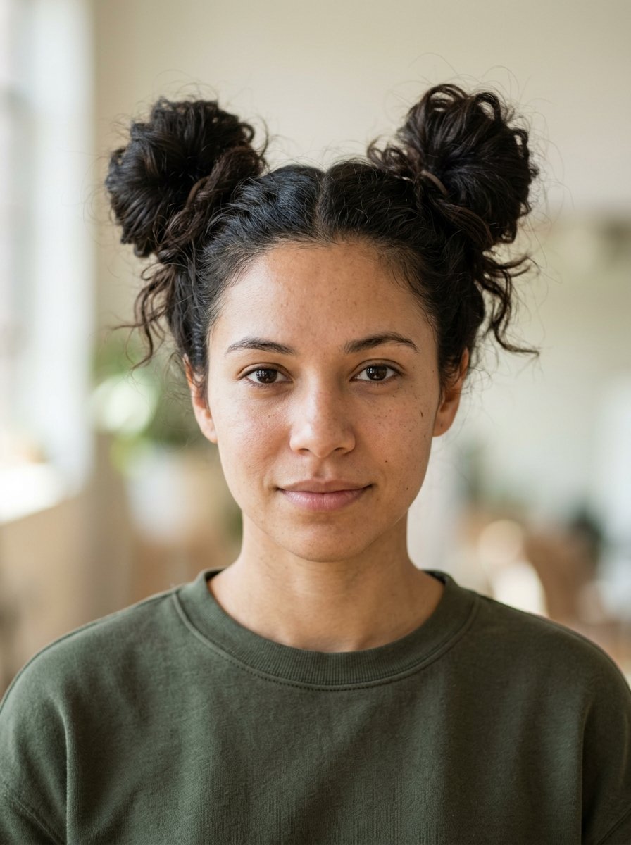 Portrait of a woman with dark wavy hair styled in space buns wearing an olive green sweatshirt.